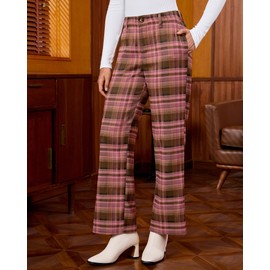 GRAPENT Womens Plaid Pants for Women Trendy Fall Outfits 2025 Business Casual Dressy High Waist Tartan Checkered Plaid Pants, Brown & Pink, M, US Size 8 to 10