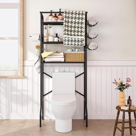 LINZINAR Over The Toilet Storage Metal 3 Tier Bathroom Organizer Shelf with Paper Holder Easy to Assemble & Space Saving - Color: black