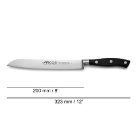ARCOS Cuchillo para pan con Hoja Acero Inoxidable Nitrum 200 mm. Obtenga una gran variedad cortes parau comida. Cuchillo ideal para uso doméstico diario. Serie Riviera. Color negro.