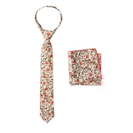 Spring Notion Boys' Cotton Floral Print Zipper Necktie and Pocket Square Set, 43-Sienna Medium