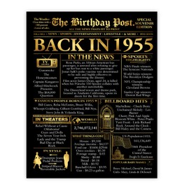 Stuff4 Gold 70th Birthday Poster Unframed - Golden Born In 1955 Newspaper - Happy 70 Birthday for Men Women Retro Vintage Gifts Back In 1955, 8x10 Inch Bday Party Decor Decoration