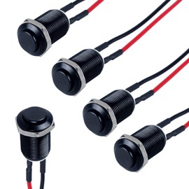 DMWD 5pcs 12mm Latching Push Button Switch Raised Head with Pre-soldered Cable Aluminium Alloy 1NO 12V 24V 36V 110V 250V Waterproof IP66 without LED (Black)
