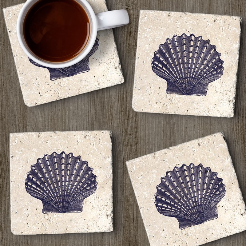 Thirstystone Scallop Shell 4 Pack Natural Travertine Absorbent Stone Coasters
