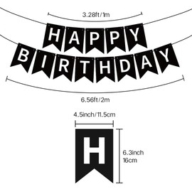 Happy Birthday Banner, Happy Birthday Bunting, HSC Black Banner, Black With White Letters, Swallowtail Bunting Flag, Indoor Outdoor Party Supplies (13 Pieces)