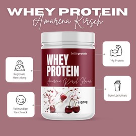 betterprotein Whey Protein - Amarena 500g - Produziert in Deutschland aus regionaler Milch - BetterProtein® - Eiweißpulver zum Muskelaufbau und Abnehmen - Dose
