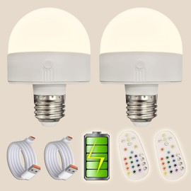 Long Battery Life LED Light Bulbs E26 Rechargeable with Remote and Button Switch, Emergency Low Voltage Bulb Battery Operated with Type-C Charging Port RGB Dimmable for Cordless Light Fixture (2 Pack)