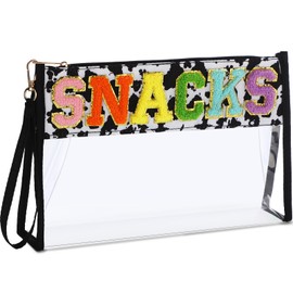 Remerry Clear Chenille Letter Makeup Bag Stand up Snack Bags Preppy Cosmetic Pouch Expandable Clear Travel with Wrist Strap Zipper Portable Multipurpose PVC Nylon for Women Travel(Cow Color,Snack)