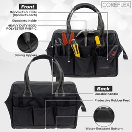 Coreflex 14 inch Wide-Mouth Tool Bag, Gear Bag, Multiple Purpose - for Plumbers, Electricians, Handymen also good for daily use, office use and camping. (Black)