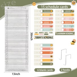 MotiMind Daily Schedule Pocket Chart for Classroom, Calendar Pocket Chart 13+1 Pockets, 21 Reusable Cards for Classroom School 13" x 36" (Bright Color,Retro)