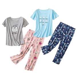 HOWINCO 2 Pack Womens Plus Size Pajama Sets Cotton Pj Set Summer Top With Capri Pants Sleepwear Sheep Cat Lounge Set