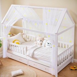 ToxyJopy House Bed Canopy Set - 2-Piece Bed Canopy House Bed with Luminous Stars - House Bed Decoration with Organic Cotton Bunting - Dreamy Children's Room Decoration