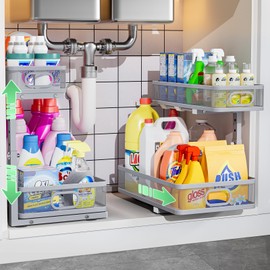 Uder Sink Organizer, High Adjustable 2 Tier Under Sink Organizers and Storage, Slide Out Metal Cabinet Organizers, Pull Out Sink Storage Drawer Shelf for Kitchen Bathroom Cabinet, Grey, 2 Pack