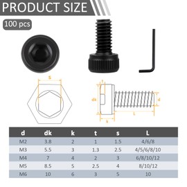 Pack of 100 screws, cylinder head screws with hexagon socket, cylinder screws with 1 Allen key, full thread made of carbon steel (black) for fasteners (M6, length: 10 mm)