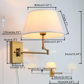 JIMUBEAM Vintage Plug-in Cord Wall Sconce with White Fabric Shade, Indoor Swing Arm Wall Mounted Lamp with on/Off Switch, Antique Brass Sconce Wall Lighting for Bedside Living Room Hallway