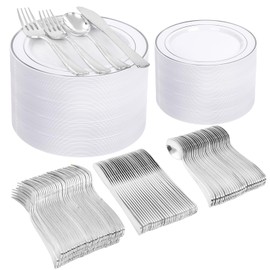 I00000 600pcs Silver Dinnerware Set for 100 Guests, Silver Rim Plastic Plates Disposable, Plastic Silverware Set of 100 Dinner Plates, 100 Salad Plates, 100 Silver Plastic Utensils Set for Wedding