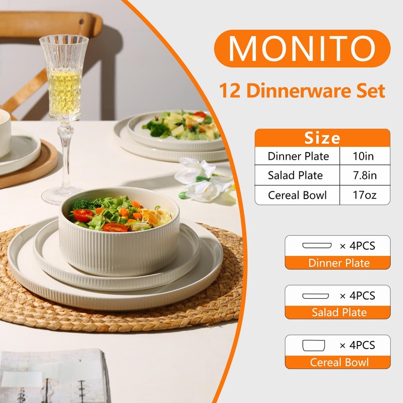 MONITO Ceramic Plates and Bowls Sets for 4, 12PCS Stoneware