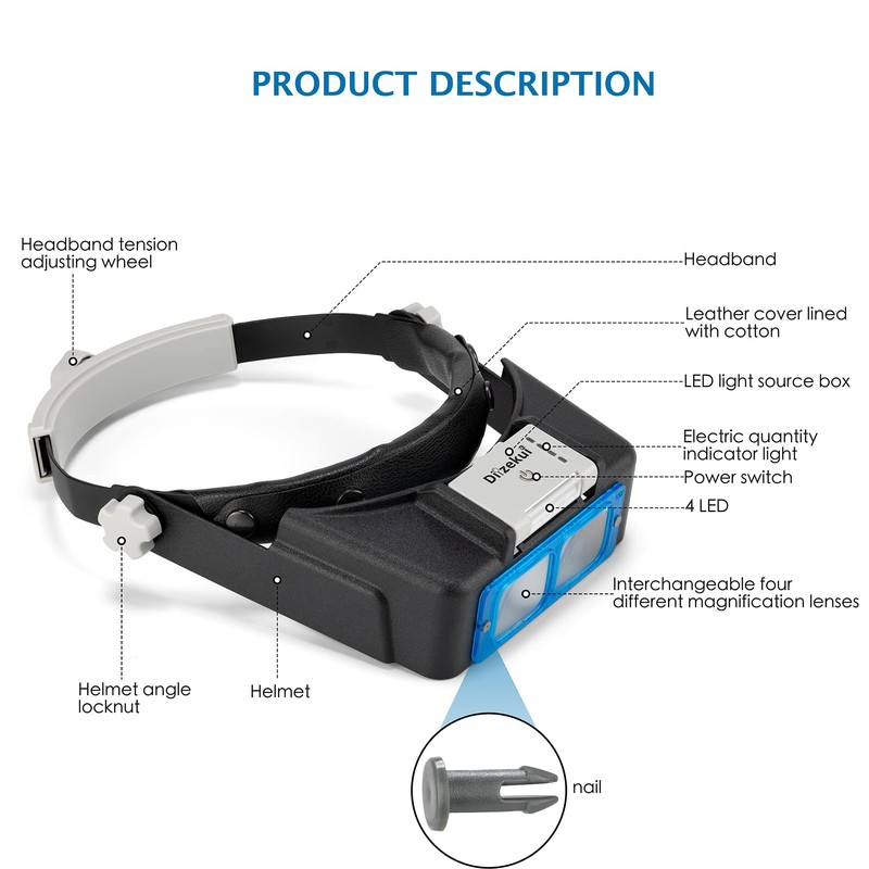 Dilzekui Headband Magnifier with LED Light, Rechargeable Head Mount Magnifier