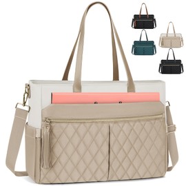 RAINSMORE Laptop Bag For Women 15.6 Inch Work Teacher Tote Bag Waterproof Nurse Bag Large Handbag Shoulder Travel Computer Messenger Bag Briefcase,Almond With Beige