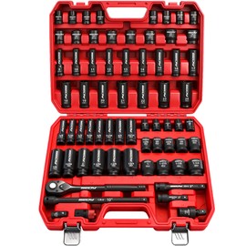 Master 1/2" Drive Impact Socket Set, 67-Piece Standard & Deep Master Impact Socket Set SAE 3/8"-1-1/4" & Metric 8-24mm Socket Set with Ratched Hand, Extension Bar, Reducer, Impact Universal Joint,Cr-V
