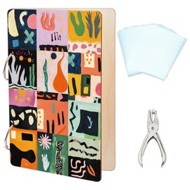 SUPERDANT Retro Plaid Greeting Card Organizer Vintage Abstract Patterns Postcard Binder Birthday Wooden Cards Keeper Storage 2-Rings Photo Album for Wedding Holiday with Punch and 20 Pockets