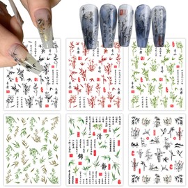XEAOHESY 6 Sheets Chinese Classical Elements Bamboo Nail Stickers Self Adhesive Ink Painting Crane Chinese Characters Nail Art Stickers Decals for Women Nail Art