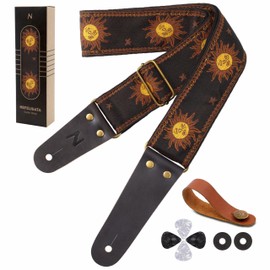 Nefelibata Nefelibata Guitar Strap, Sun Embroidered Cotton Guitar Strap with Head Cowhide Leather Ends for Bass, Electric and Acoustic Guitars, Free Strap Button, 1 Pair of Strap Locks and 4 Guitar Picks