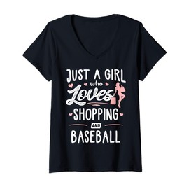Womens Just A Girl Who Loves Shopping And Baseball Gift Women V-Neck T-Shirt