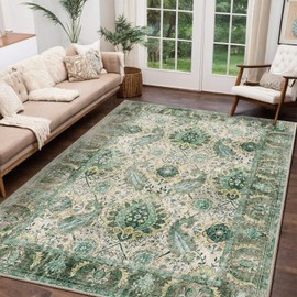 RELEANY Boho 5x7 Area Rugs Machine Washable Carpet Low Pile Non Shedding Doormat Soft Area Rugs for Living Room Bedroom Kitchen Dining Room Entryway Hallway Indoor-Green/Yellow