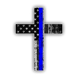 Thin Blue Line Cross USA Flag Vinyl Decal American Flag Window Sticker Blue stripe for cars trucks laptops etc..for honor and support of our officers