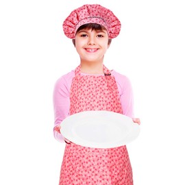 CRJHNS Kids Apron and Chef Hat Set, Adjustable Cotton Child Aprons with 2 Pockets Cute Girls Kitchen Bib Aprons for Cooking Baking Painting (Large, Pink)