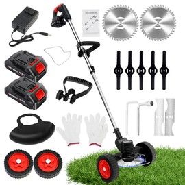 ALSO GO 21V Electric Weed Eater with Wheels,Cordless Battery Weed Wacker with Charger, 3 in 1 Brush Cutter/String Trimmer/Grass Trimmer/Lawn Mower,Edger for Garden and Yard Lawn,2 Batteries Include