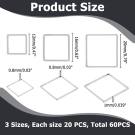 Hobbspring 60 Pieces 3 Sizes Stainless Steel Hollow Square Pendant Cube Open Bezel Blank Connecting Rings Square Frame Connection Pendant for Jewellery Craft Sets DIY