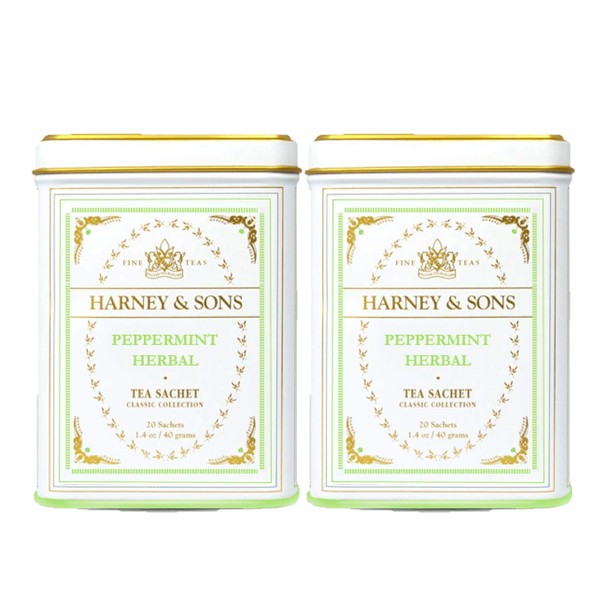 Harney & Son's Peppermint Herbal Tea Tin 20 Sachets (1.4 oz ea, Two Pack) - Herbal Peppermint Tea - 2 Pack 20ct Sachet Tins (40 Sachets)
