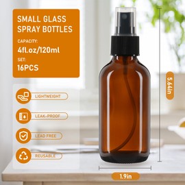 Jaisie.W 120ml Glass Spray Bottles with Fine Mist Sprayer 16Pack, Small Amber Glass Spray Bottles 4 oz for Perfumes,Cleaning Products,Pet Spray (4fl.oz, Set of 16)