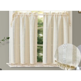 GOHD Country Road Tiers Kitchen Curtains Boho Jacquard Stripe Tassel Bathroom Window Curtain 3 Size, 100% Polyester(36in,Beige)