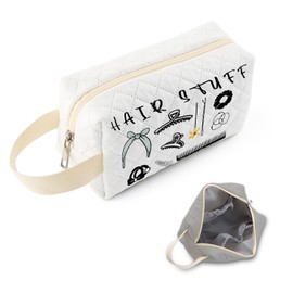 SuoSycorax Hair Stuff Organizer Printed Quilted Makeup Pouch for Women - Velvety Polyester Cosmetic Organizer w/Triple Compartments, Travel & Makeup Brush Holder