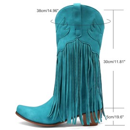 Meefit Women Fringe Cowboy Boots Square Toe Mid Calf Embroidered Western Boots,Tassel Cowgirl Boots Stacked Heel Retro Boots(Royal blue,US10)