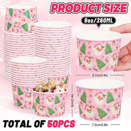 Whaline 50 Pcs Christmas Snack Cups Pink Santa Claus Xmas Tree Disposable Bowls 9oz Ice Cream Dessert Treat Paper Bowls for Hot Iced Food Birthday Baby Shower Party Supplies