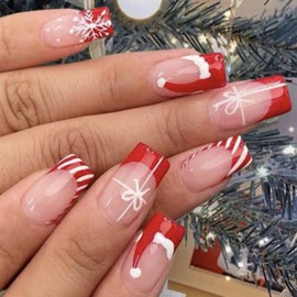 Secret Tips Press on Nails, Medium Square Fake Nails With Snowflake & Christmas Hat Designs - Red French Tip, Nude Acrylic, Artificial Stick on Nails Glossy Glue, 24Pcs
