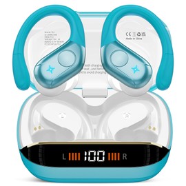 Qecnato Bluetooth Headphones Sport, 75H, In-Ear Headphones Wireless Bluetooth 5.4, HiFi Stereo, Earphones with 4 HD ENC Mic, LED Display, IP7 Waterproof Wireless Headset with Ear Hooks, Light Cyan