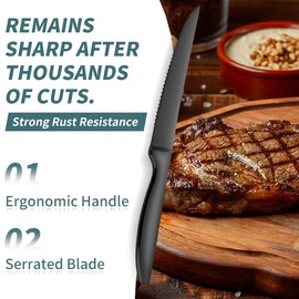 Black Steak Knives of 12, 18/10 Stainless Steel Steak Knives Set of 12, Dishwasher Safe Steak Knives, Serrated