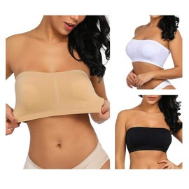Boolavard® Comfort Bra, Seamless, Bustier Bra, Leisure and Sports Bra, Sports Top, Seamless Shape, Bustier Top without Underwire, Bandeau Bra, Boob Tube, Strapless, Stretchy, Pack of 3, Black, White and Beige - Black, White, Beige, size: S (32-34)