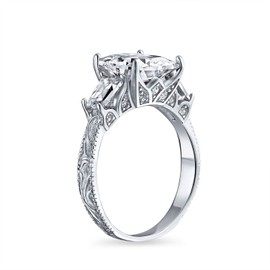 Personalize Vintage Antique Style 3CT AAA CZ Baguette Side Stones Solitaire Square Brilliant Princess Cut Engagement Ring For Women Milgrain Filigree Band .925 Sterling Silver Customizable
