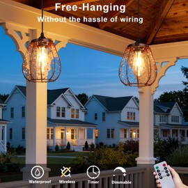 ALL FORTUNE Battery Operated Outdoor Chandelier, Battery Operated Hanging Pendant Lights Waterproof for Gazebo, Pergola, Porch, Patio, Indoor & Outdoor Decor Lighting