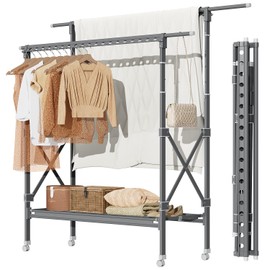 vallume Clothes Rack, Double Rods Clothing Racks with Wheels, Adjustable Wardrobe Coat Rack with Bottom Shelves Extendable Bar, Heavy Duty Rolling Clothes Organizer Collapsible Standing Garment Rack