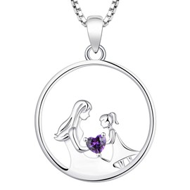 YL Mother Necklace 925 Sterling Silver Round Mom Pendant Created Amethyst Jewelry for Women