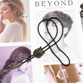 JPJZY BRBAM Retro 3D Animal Pendant Bolo Tie Western Cowboy Leather Bolo Necktie for Men's Accessories Collection (Wolf 1 - Gold)