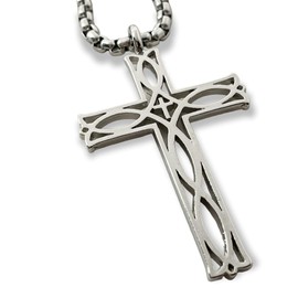 FORGIVEN JEWELRY Cross Jesus Fish Ichthus Rhodium Metal Finish Pendant Stainless Steel Heavy Chain Necklace
