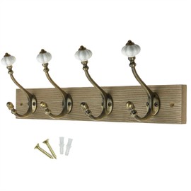 Keypak Victorian Wall-Mounted Coat 4,Hook Rail, 46 cm, Handcrafted Dark Wood with Brass & Ceramic Hooks for Coats, Towels & Bags