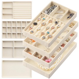 ERLSTE Jewelry Organizer Tray, Stackable Velvet Jewelry Trays, Jewelry Organizer for Drawer for Women, Jewelry Drawer Organizer for Rings, Necklaces, Set of 8 (Beige)